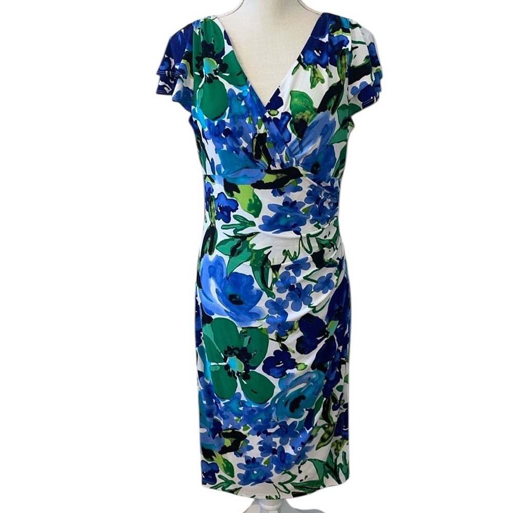 Lauren Ralph‎ Lauren Cannes Blue Floral Flutter Sleeve Faux Wrap Dress Size 8